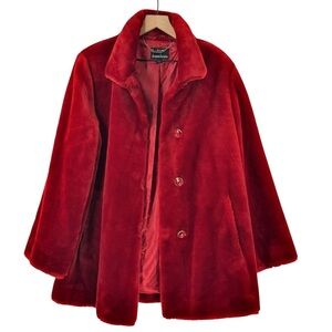 Dennis Basso Red Faux Fur Coat SUPER Soft Mid-Length Button Front | Size Large